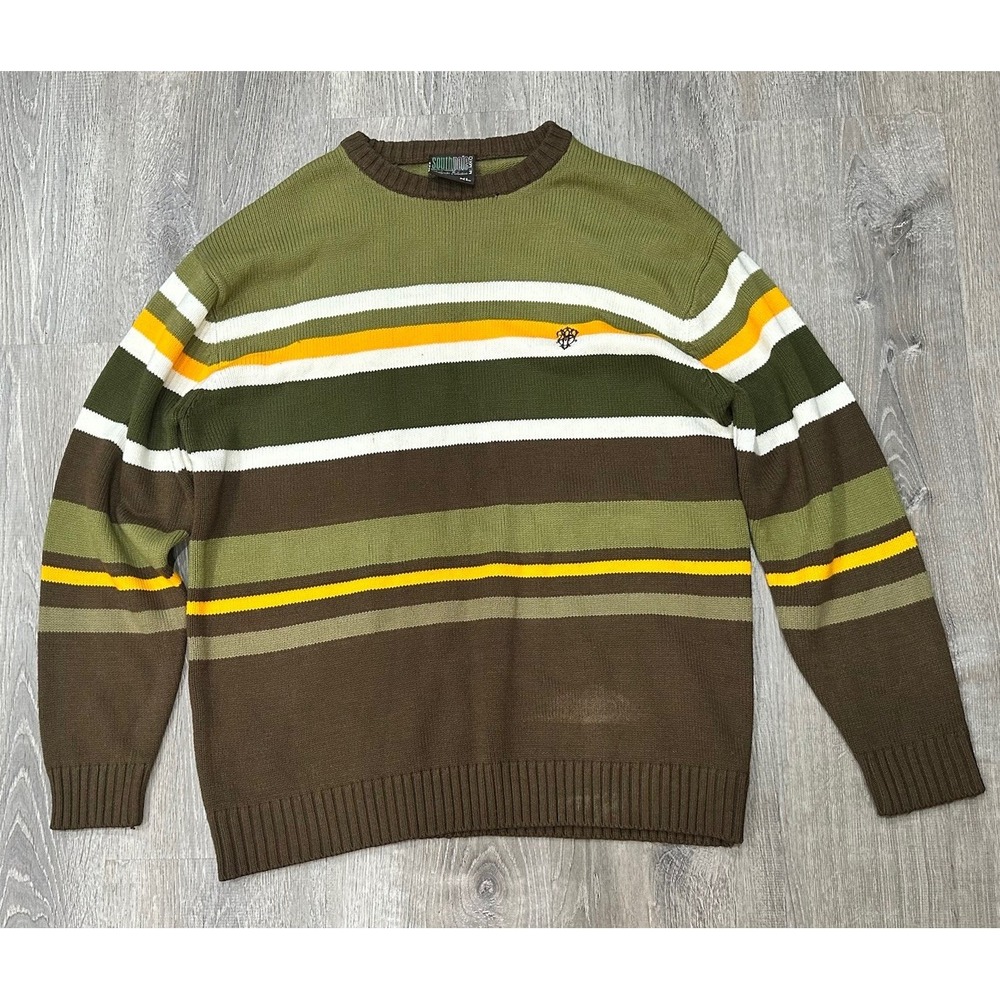 VTG Y2K SOUTHPOLE‎ Sweater Green Brown Striped 100% Acrylic Pullover Sweater - Picture 2 of 16